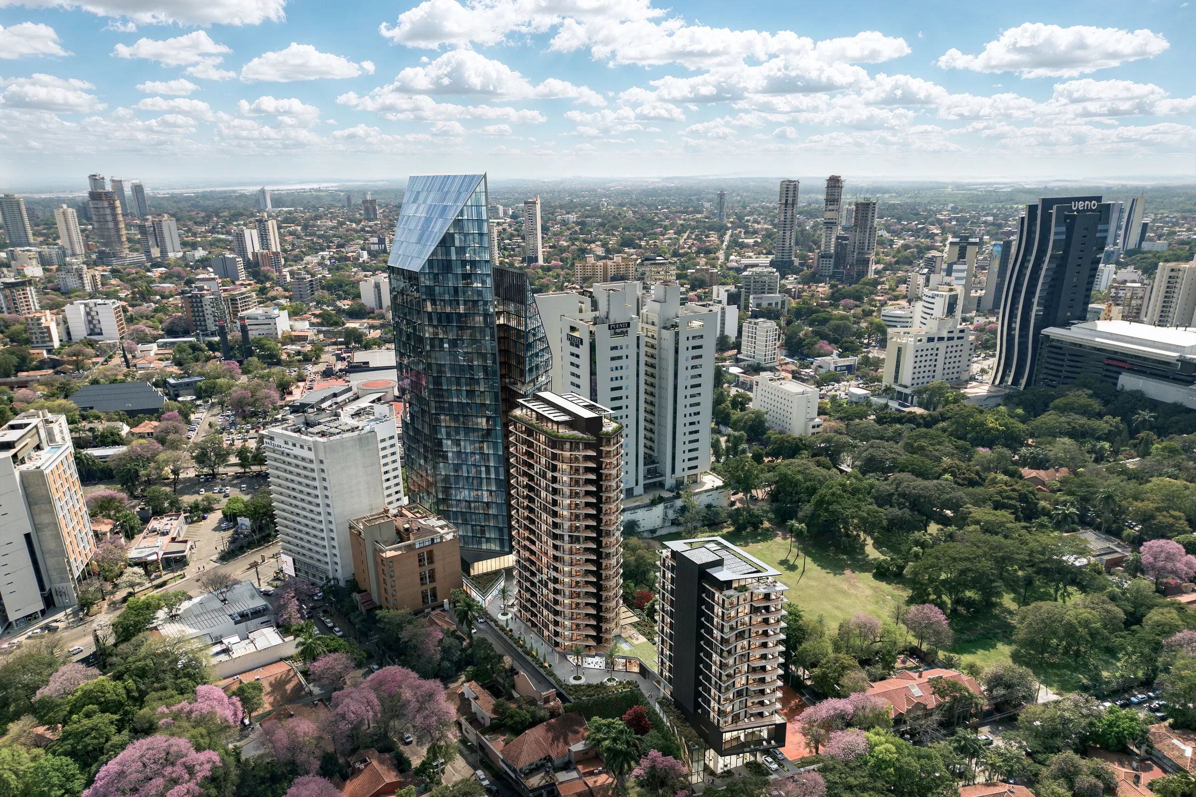 Aerial exterior render of 5 Torres mixed-use development by Imabox